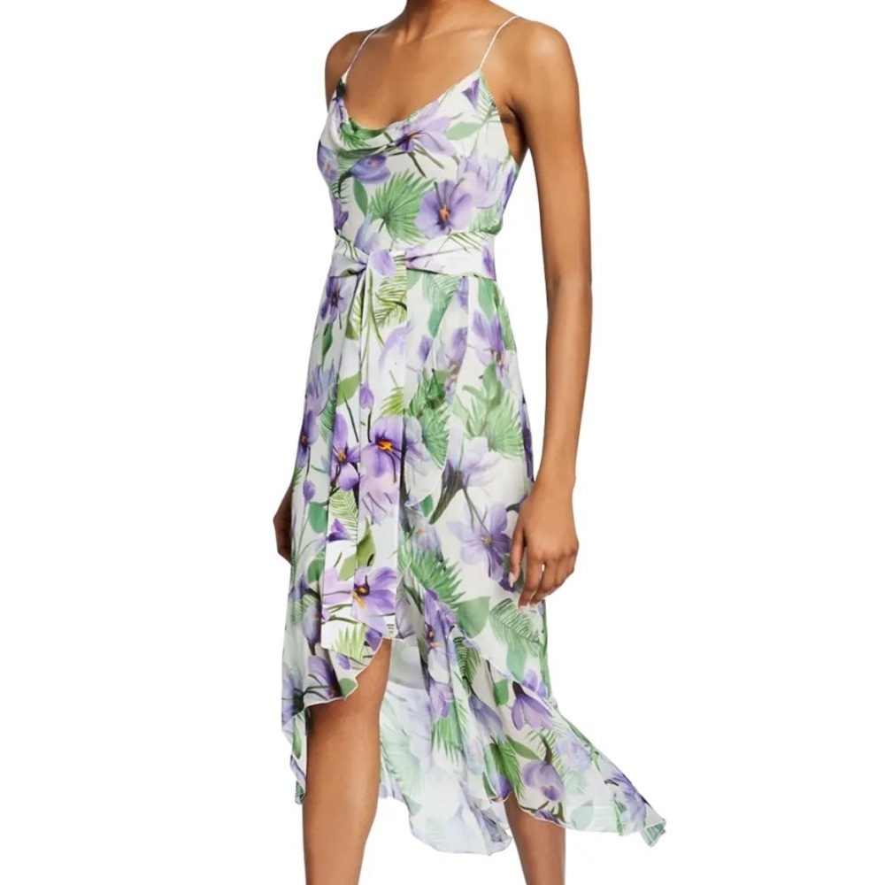 ALICE + OLIVIA Tevi Cowl-Neck Asymmetric Floral Dress w/ Sash